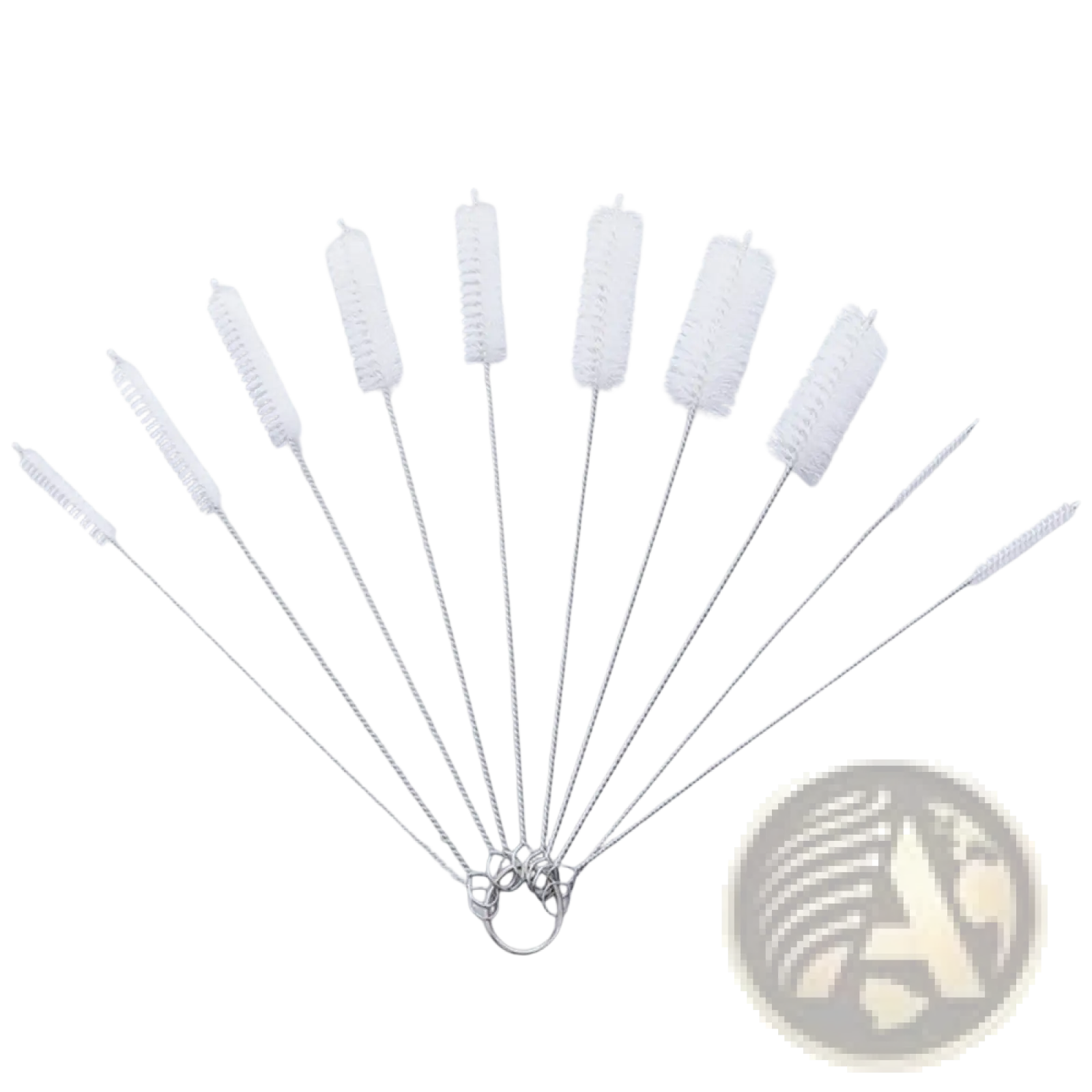 Nylon straw cleaning brush set 10pc with white bristle and slender stainless steel handles arranged in a fan display