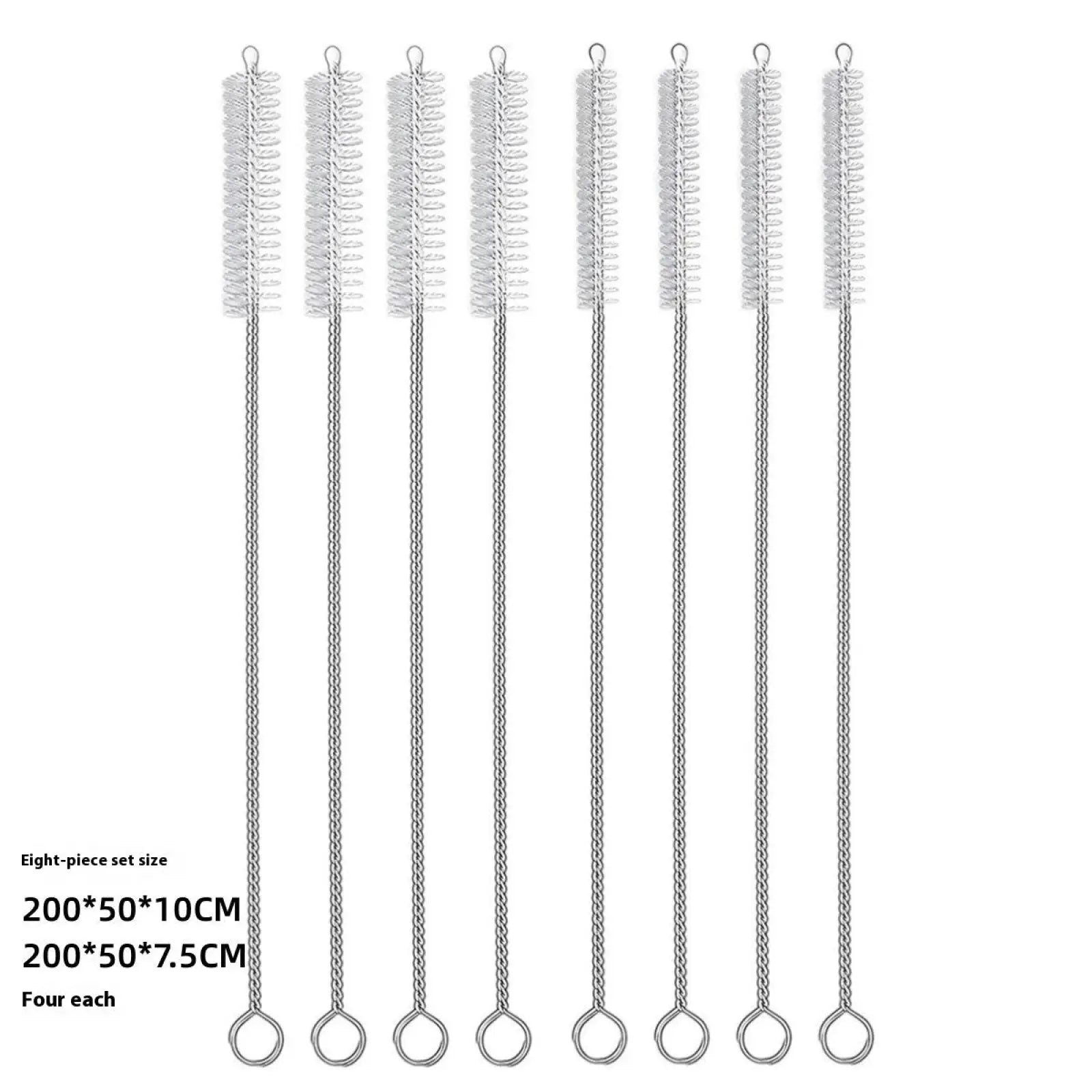 Set of eight stainless steel straw cleaning brushes with spiral bristles and chain handles for nylon straws