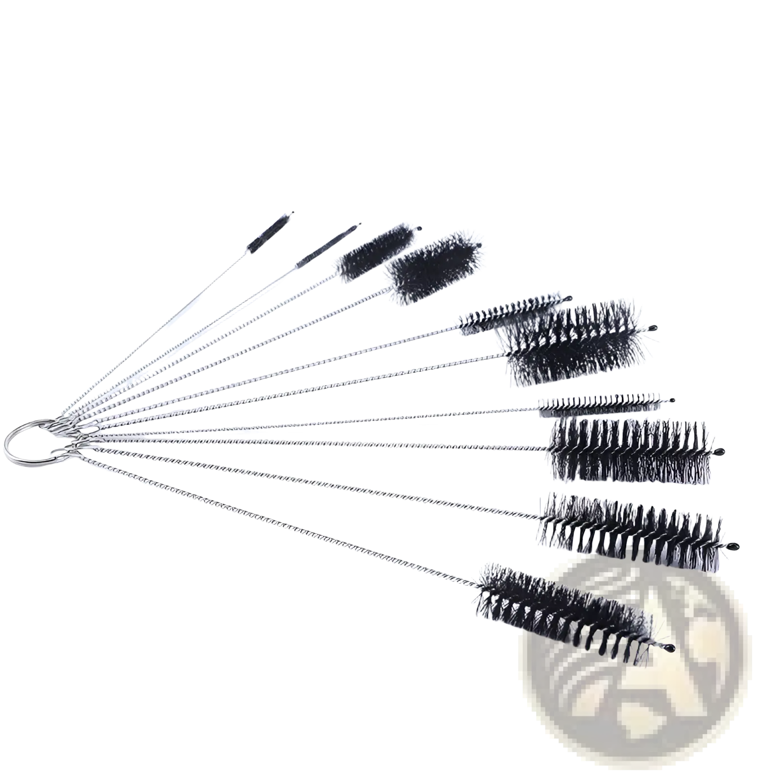 Set of black-bristled nylon straw cleaning brushes with stainless steel handles arranged in a fan-like display