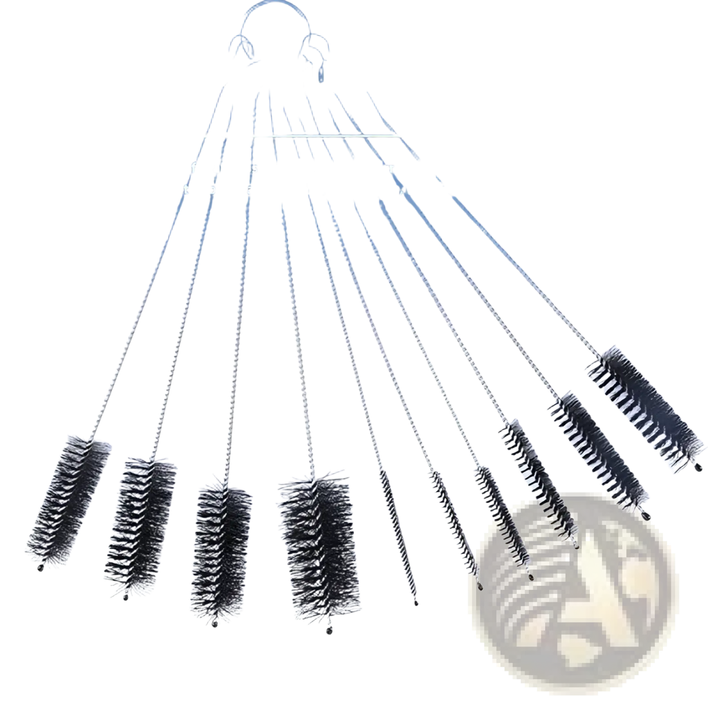 Set of 10 multi-purpose nylon straw cleaning brushes with black bristles and stainless steel frames in varying lengths