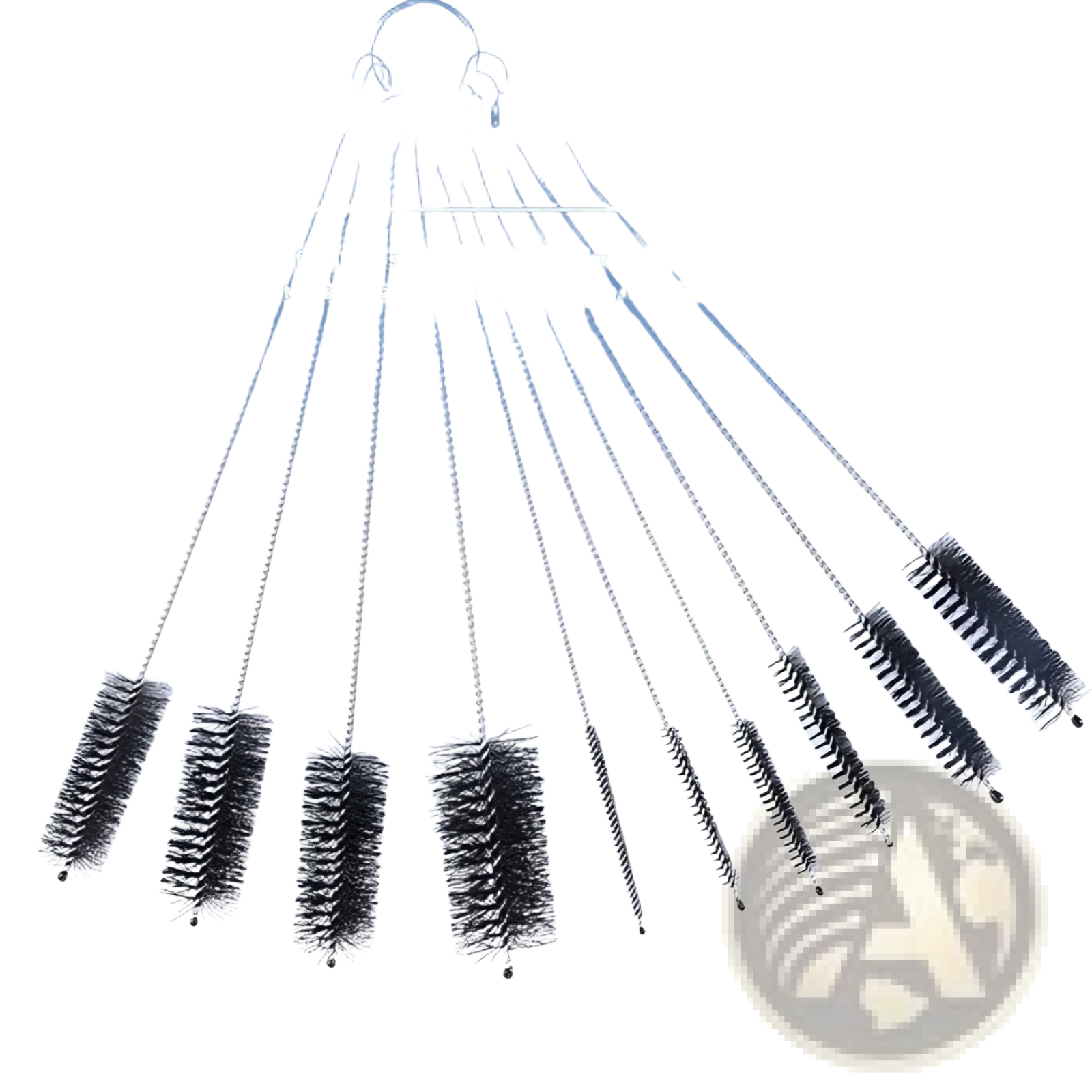 Set of 10 multi-purpose nylon straw cleaning brushes with black bristles and stainless steel frames in varying lengths