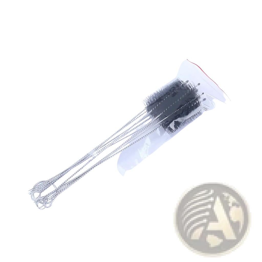 Set of five black-bristled nylon straw cleaning brushes with silver stainless steel wire handles in clear plastic bag