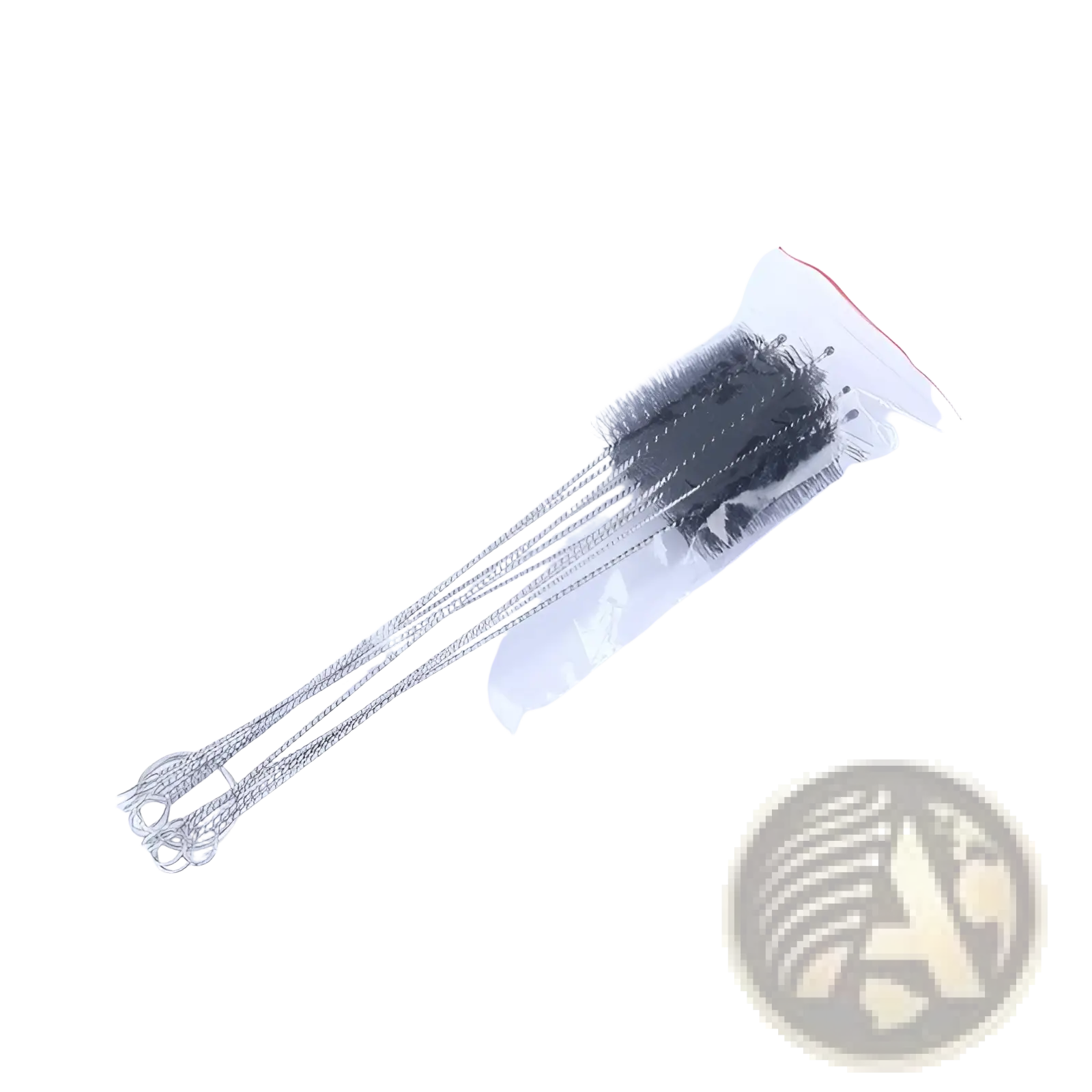 Set of five black-bristled nylon straw cleaning brushes with silver stainless steel wire handles in clear plastic bag