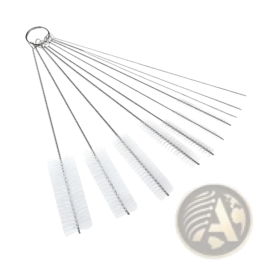 Set of ten silver stainless steel nylon straw cleaning brushes with white bristles attached to a circular ring