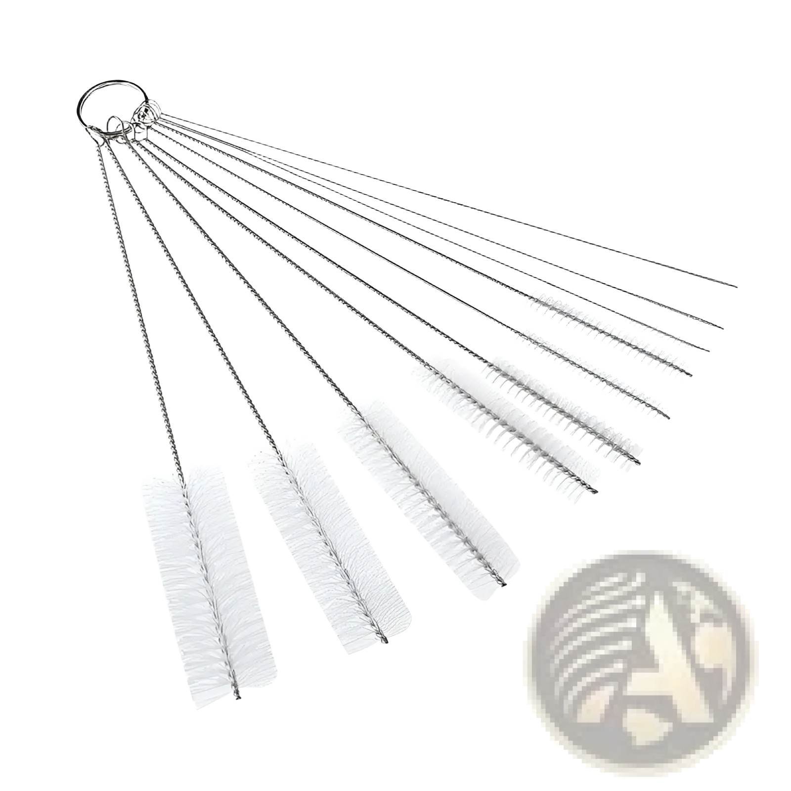 Set of ten silver stainless steel nylon straw cleaning brushes with white bristles attached to a circular ring
