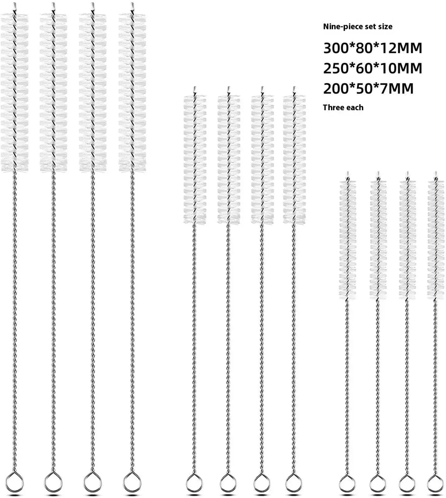 Nine-piece stainless steel nylon straw cleaning brush set with spiral bristle heads and looped chain handles in varying sizes