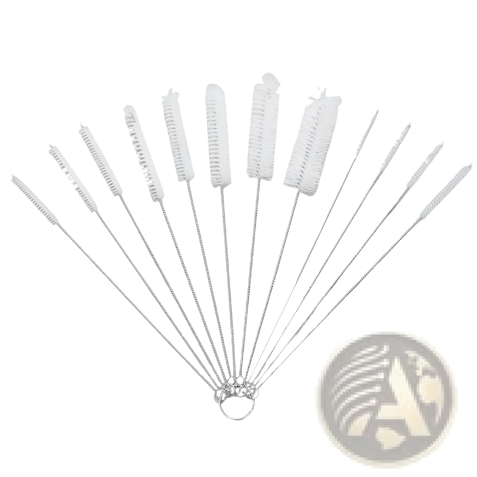 Nylon straw cleaning brush set with white bristles and stainless steel stems arranged in a fan-like display