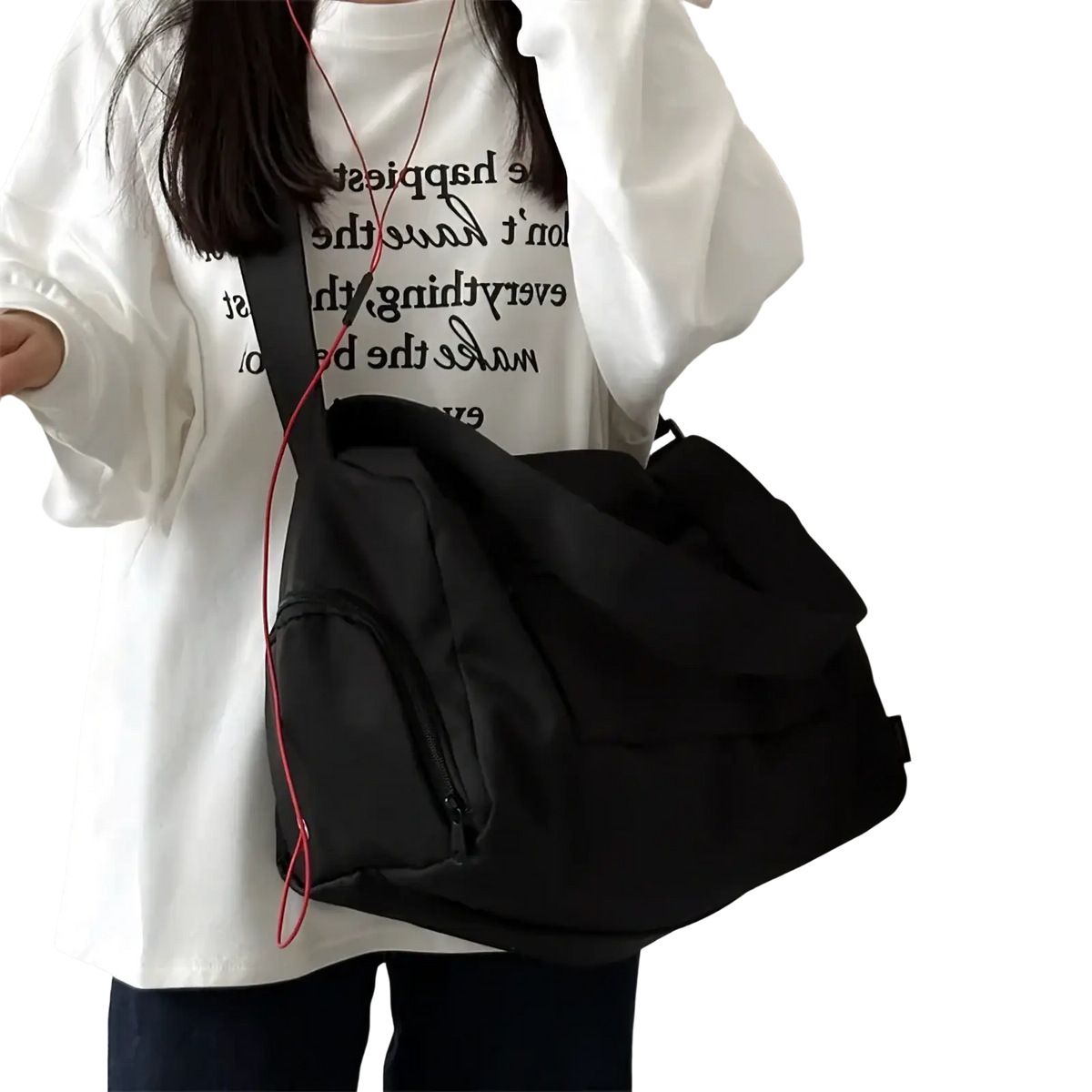 Black nylon travel tote bag with front zipper pocket and red cord strap for casual shoulder use