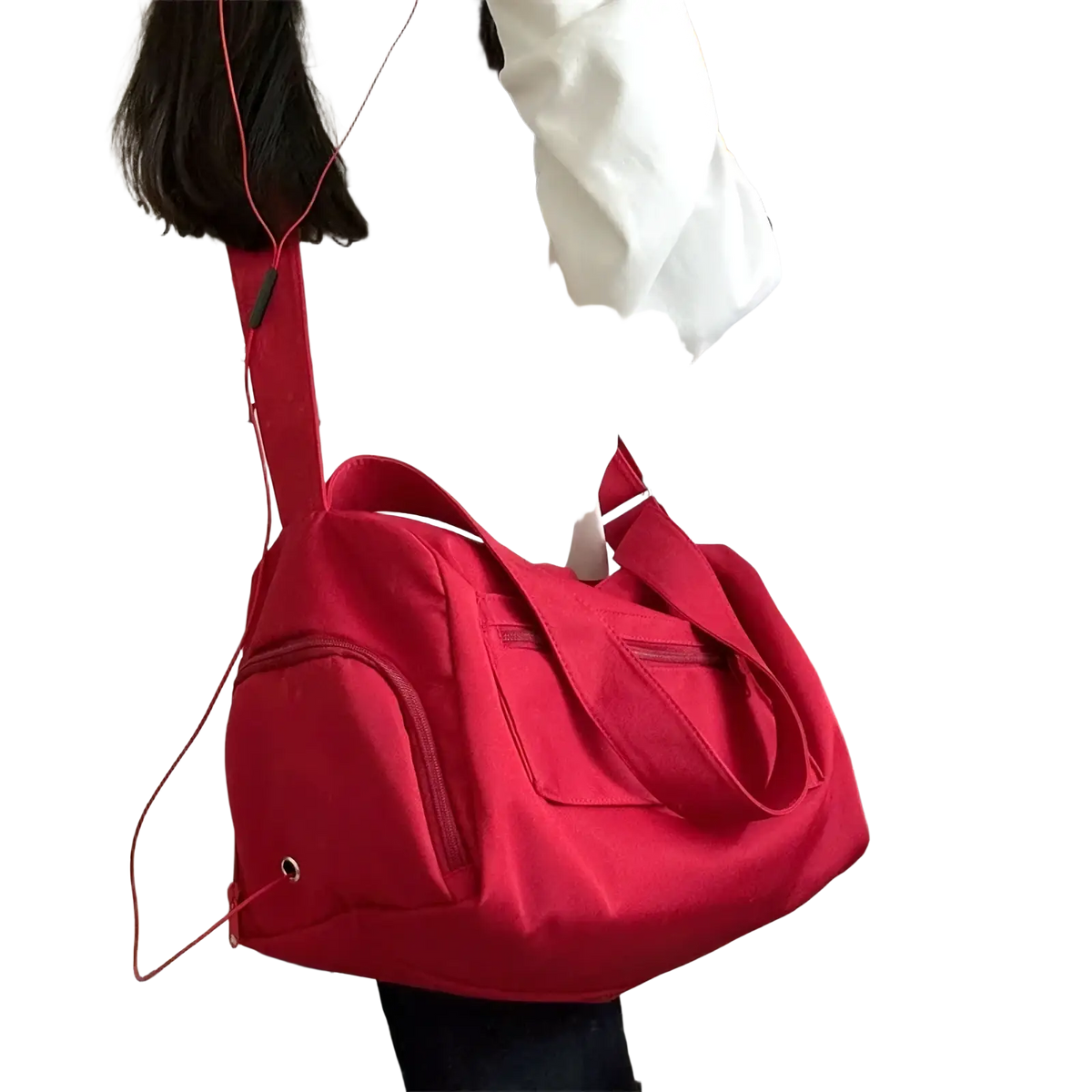 Red nylon travel tote bag with drawstring closure and multiple zippered compartments for casual shoulder use