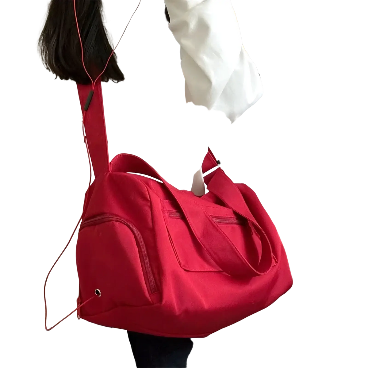 Vibrant red nylon travel tote bag with adjustable shoulder strap and front zippered pocket for casual use