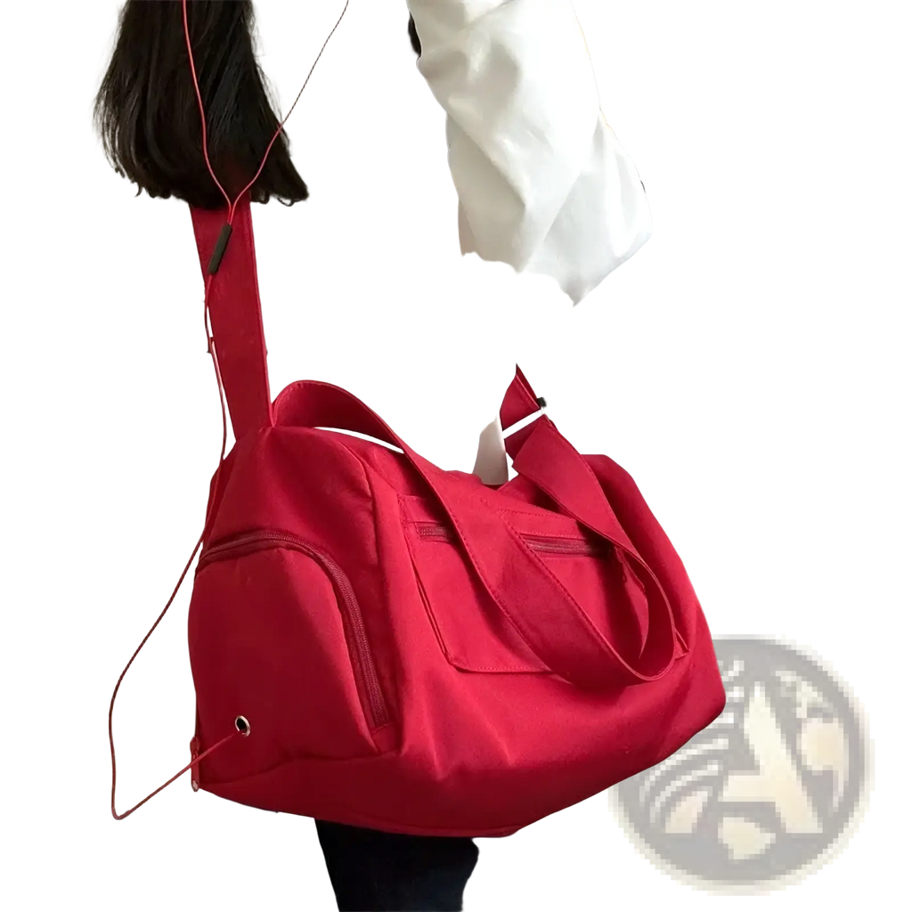 Vibrant red nylon travel tote bag with adjustable shoulder strap and front zippered pocket for casual use