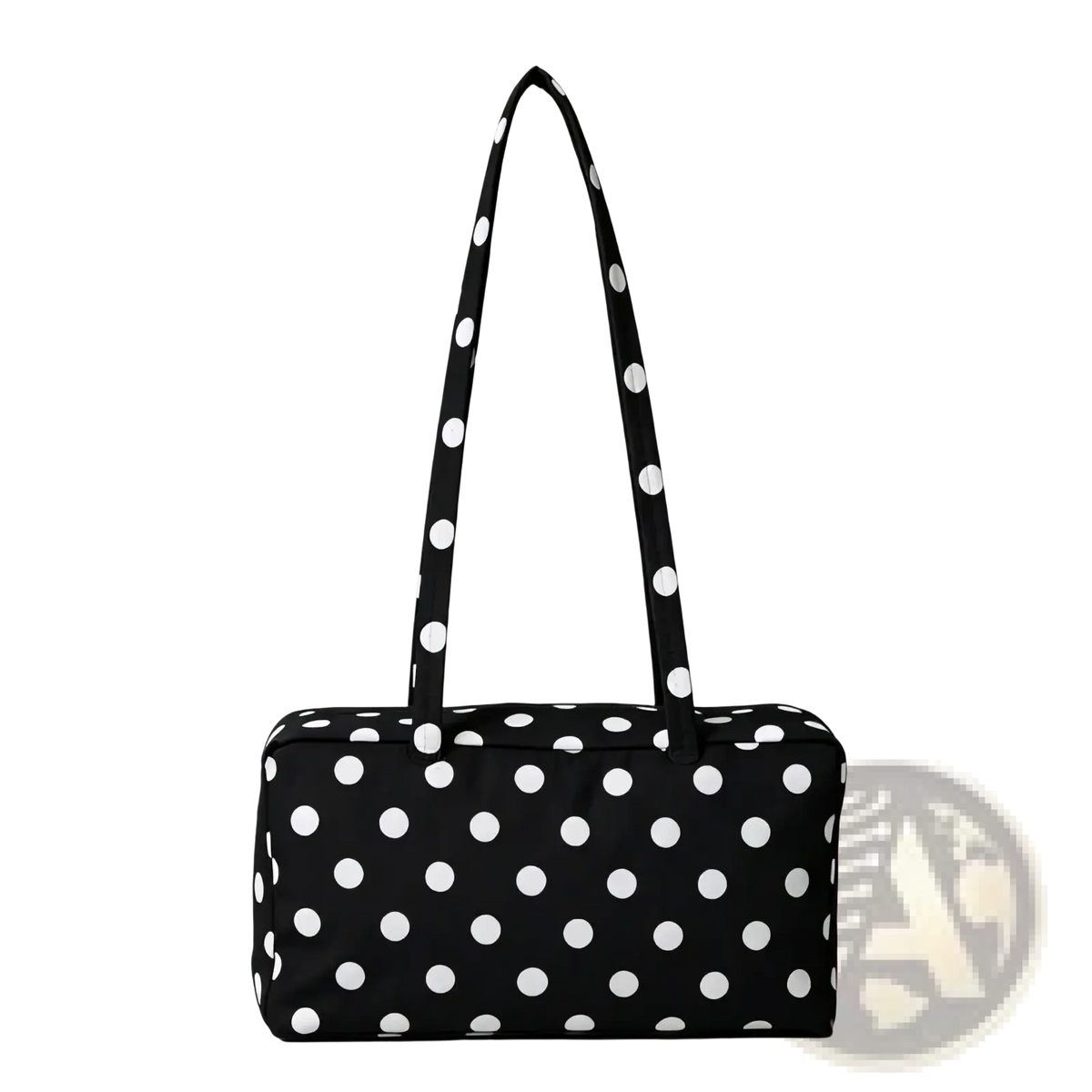 Black and white polka dot nylon travel tote bag with large capacity and zippered closure with matching handles