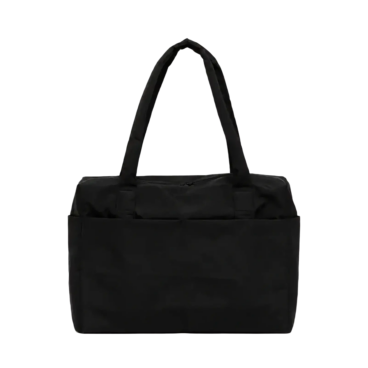 Black nylon travel tote bag with large capacity zippered compartment sturdy handles and minimalist design