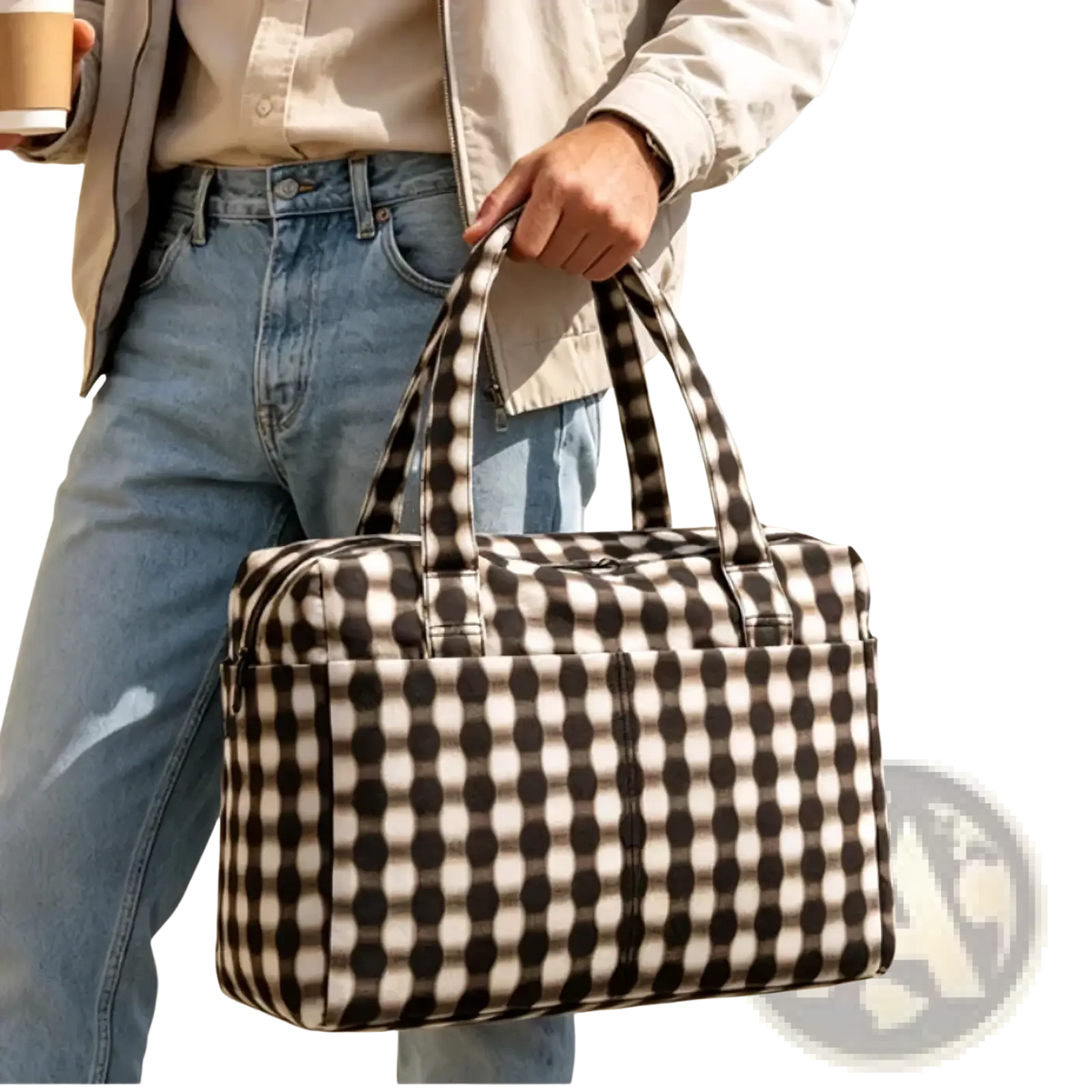 Black and white gingham nylon travel tote bag with large capacity and zippered closure with sturdy handles