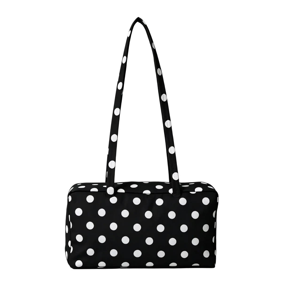Black and white polka dot nylon travel tote bag with large capacity and zippered closure with matching handles