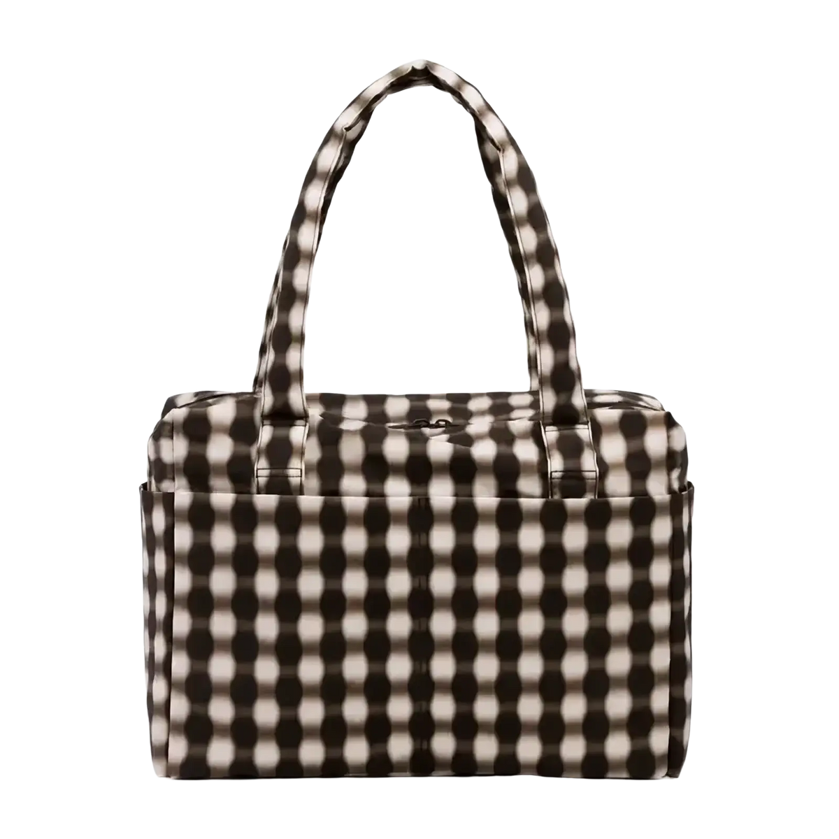 A black and white gingham patterned nylon travel tote bag with large capacity and two top handles