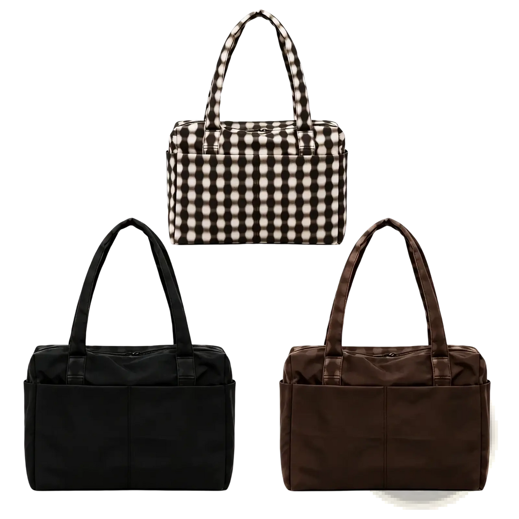 Nylon travel tote bags with large capacity zippered compartments in black and white checkered, brown, and black colors
