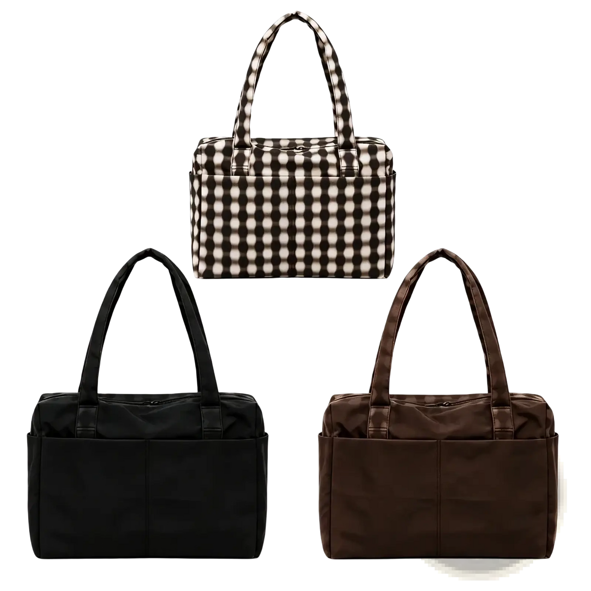 Nylon travel tote bags with large capacity zippered compartments in black and white checkered, brown, and black colors