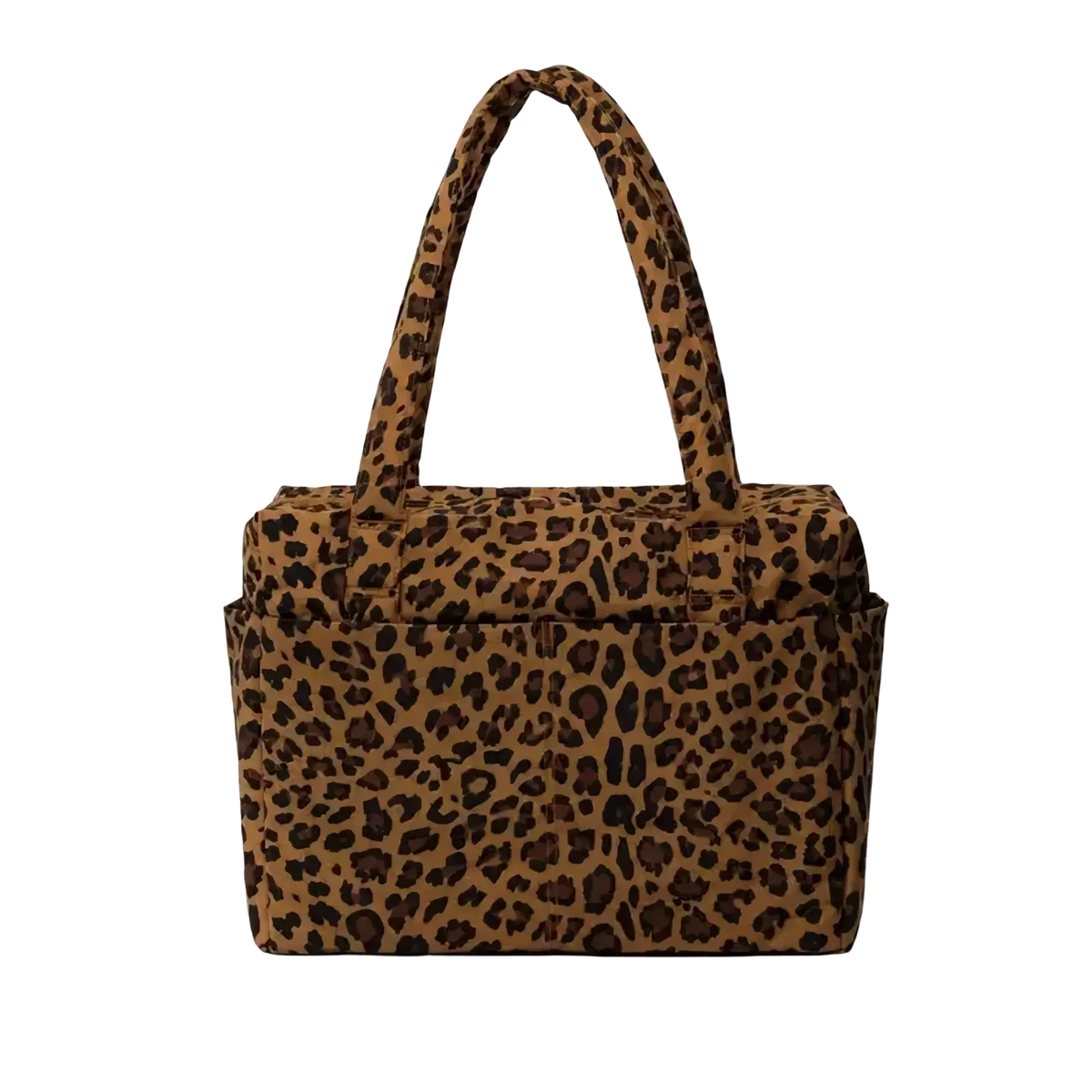 Brown and black leopard-print nylon insulated travel tote bag with large capacity and sturdy handles