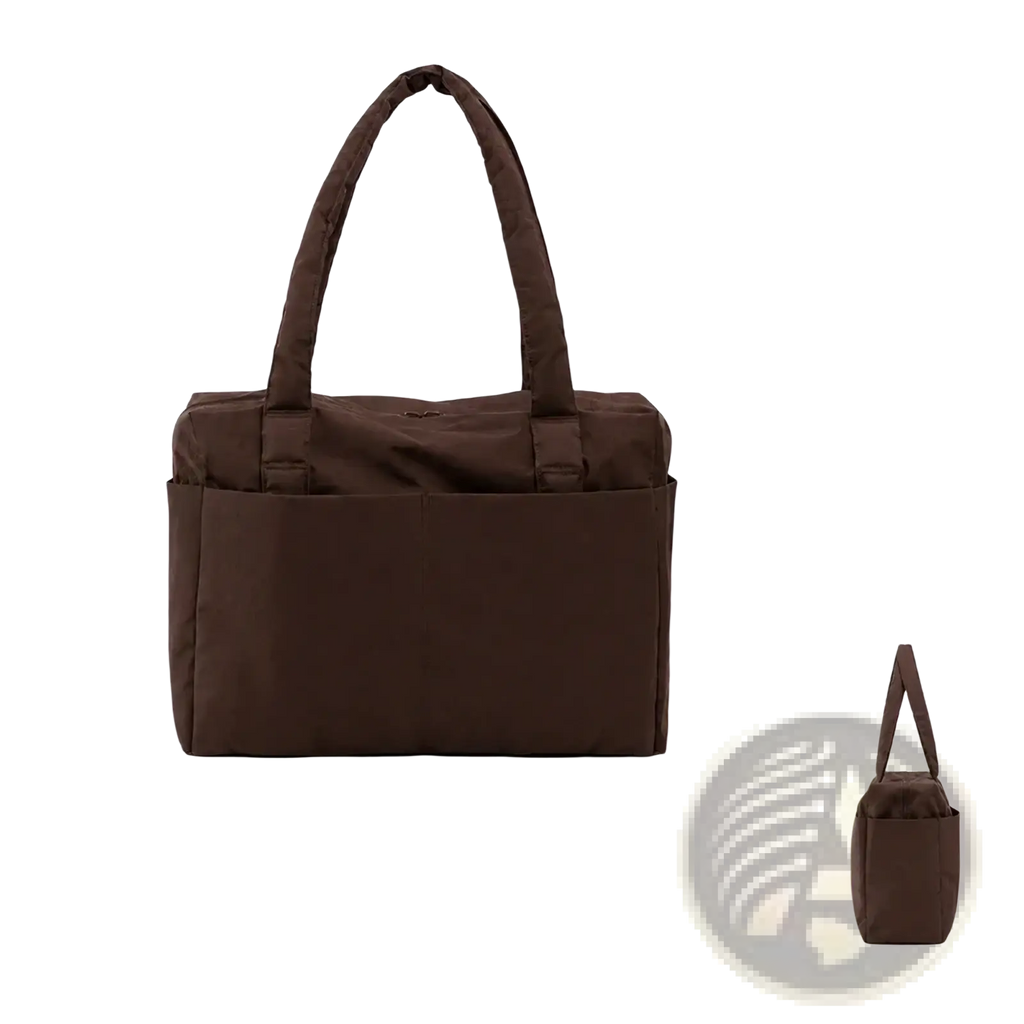 Brown nylon travel tote bag with two top handles and front pocket shown full size and folded compact large capacity zippered handbag