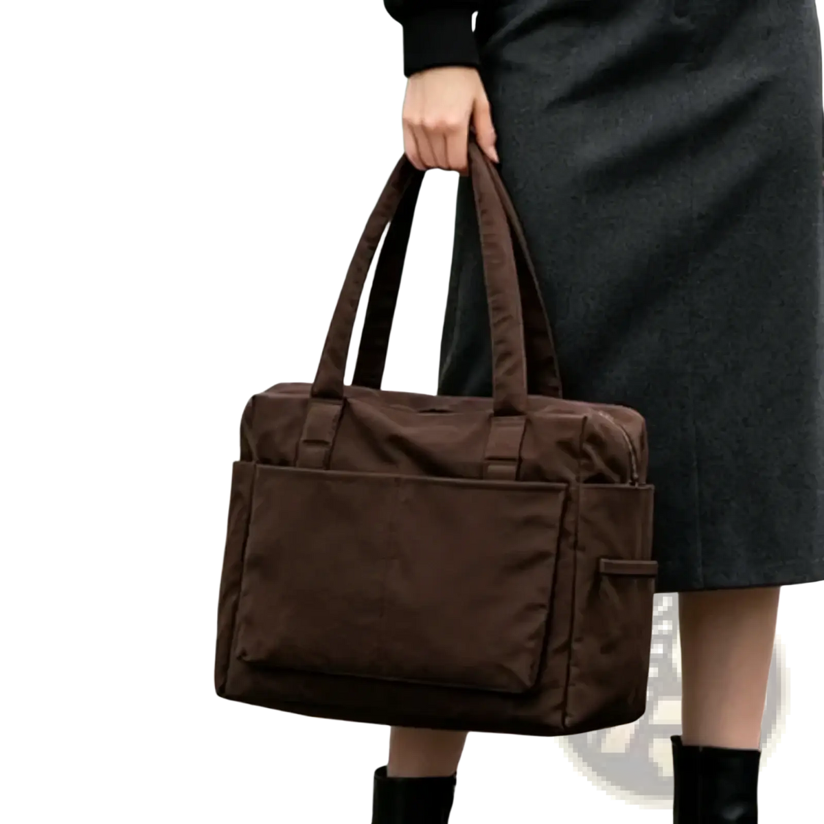 Brown nylon travel tote bag with large capacity zippered handbag featuring two top handles and multiple exterior pockets