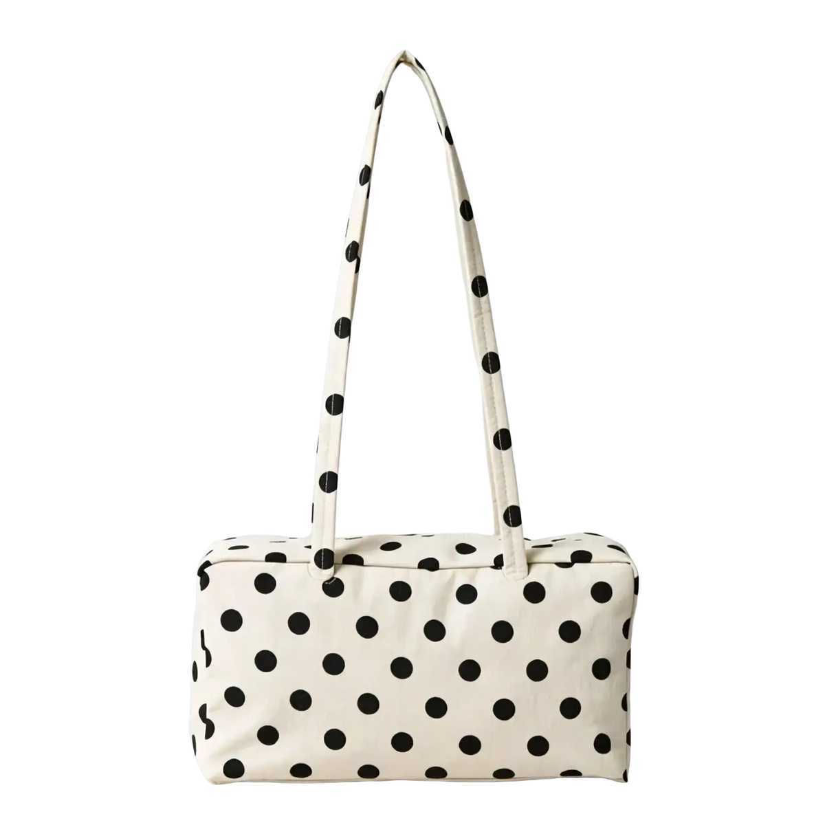 Cream-colored canvas nylon travel tote bag with black polka dots and matching handles large capacity zippered handbag