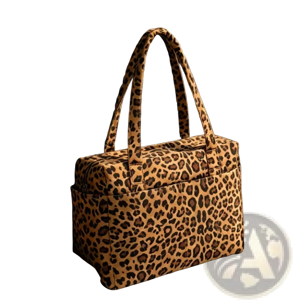 Nylon travel tote bag with leopard-print fabric, large capacity, zippered closure, and sturdy rectangular handles