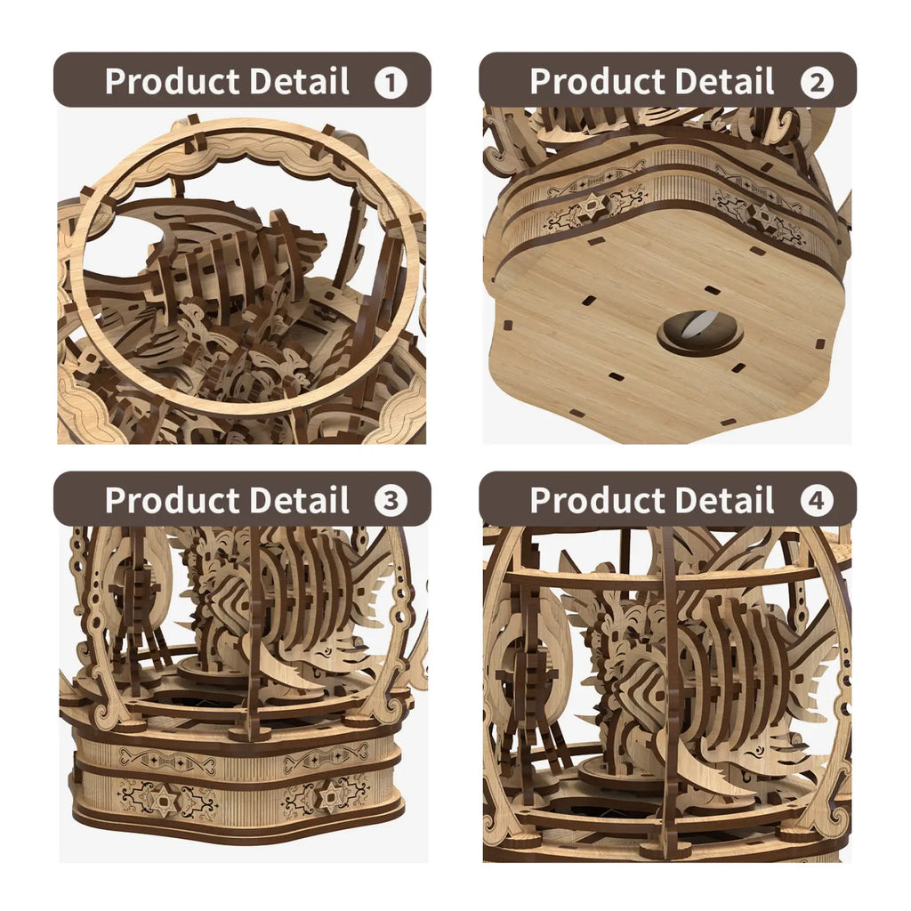 Oak puzzle toy kids game featuring an intricately designed wooden carousel model with natural wood finish and detailed cut-out patterns
