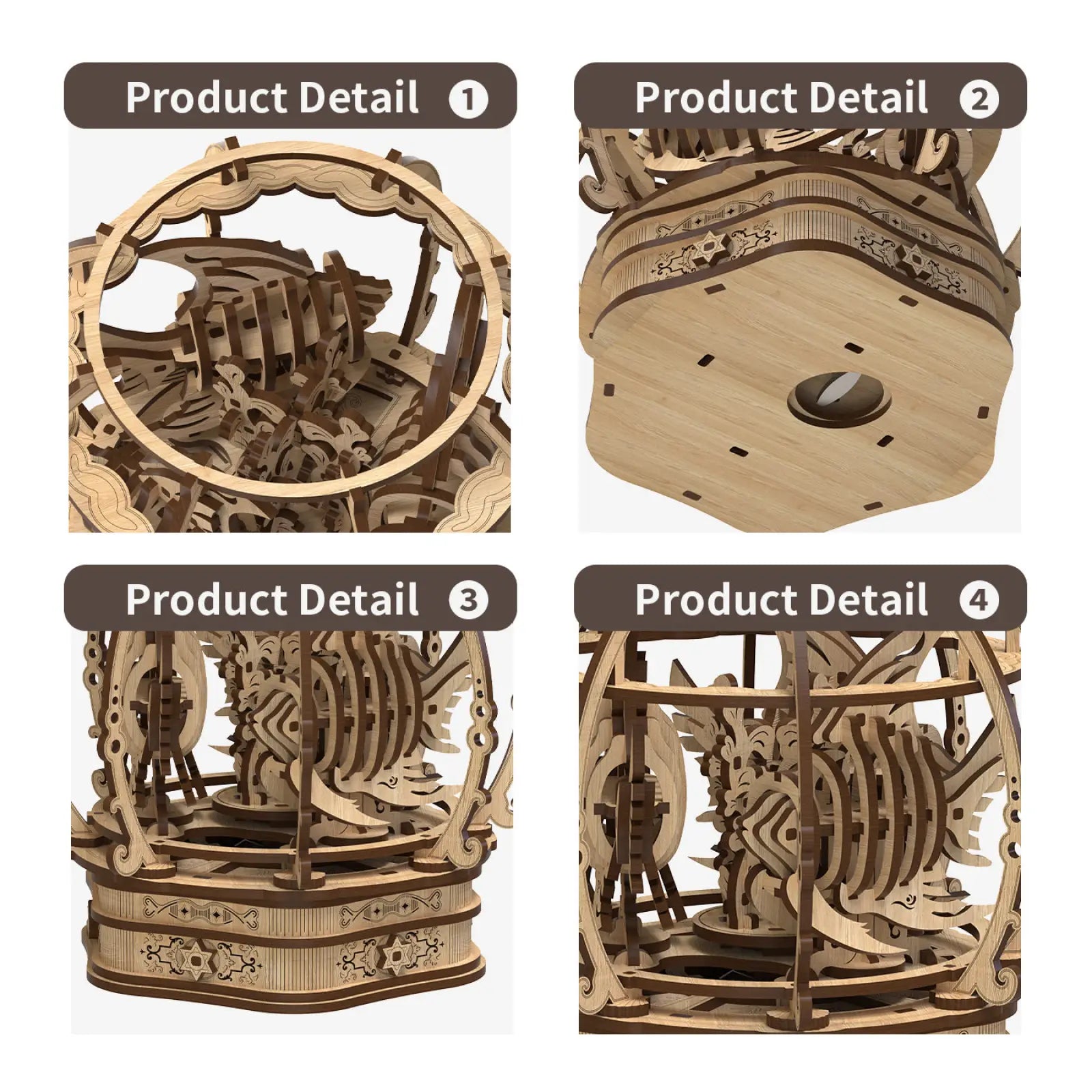 Oak puzzle toy kids game featuring an intricately designed wooden carousel model with natural wood finish and detailed cut-out patterns