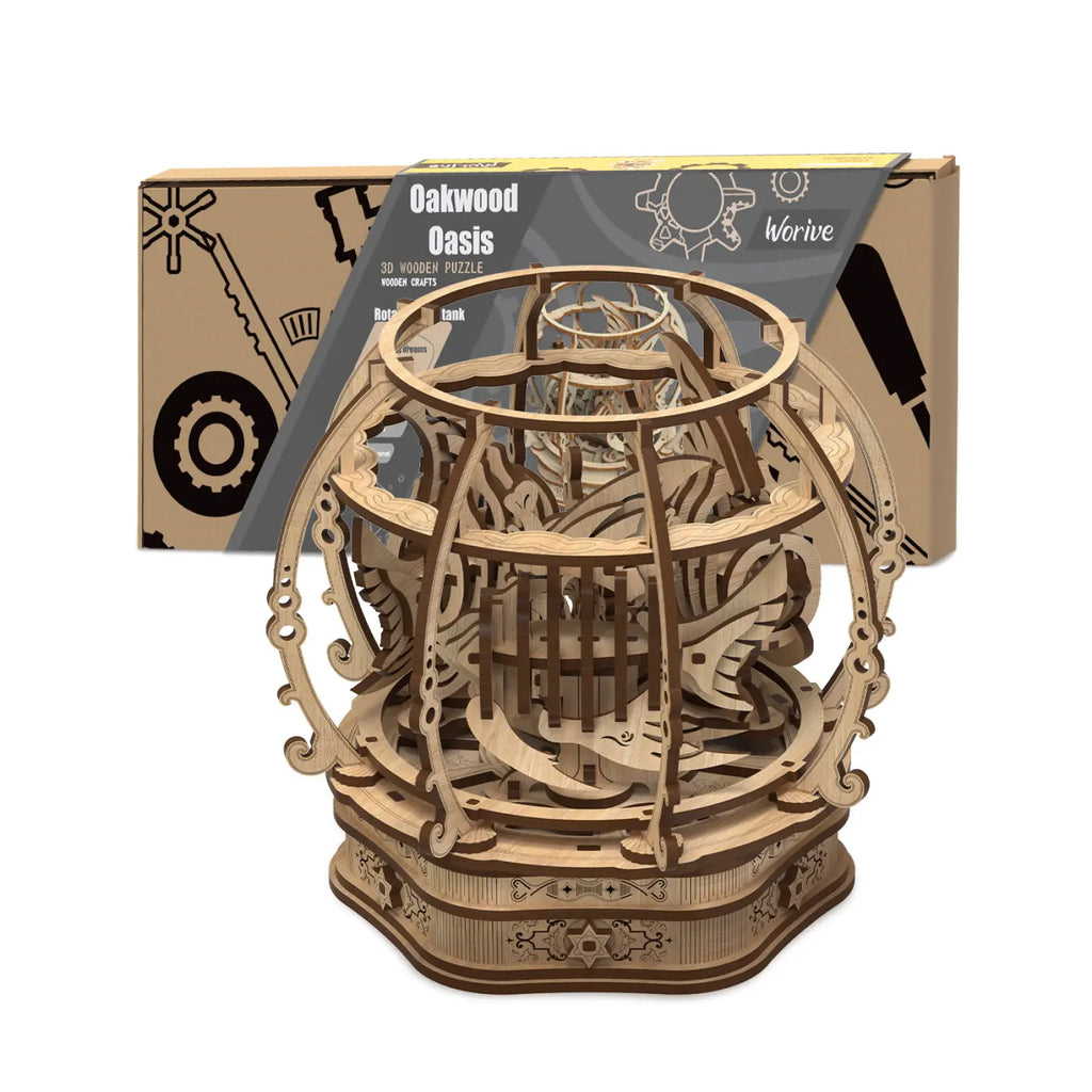 Intricately designed wooden 3d puzzle model mechanical globe made of light-colored oak wood for kids game