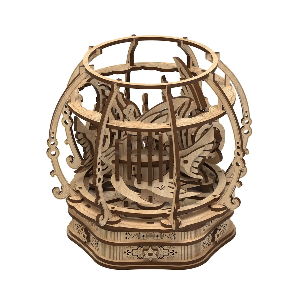 Oak puzzle toy kids game featuring an intricately designed wooden 3d spherical cage with ornate scrollwork and layered cutouts