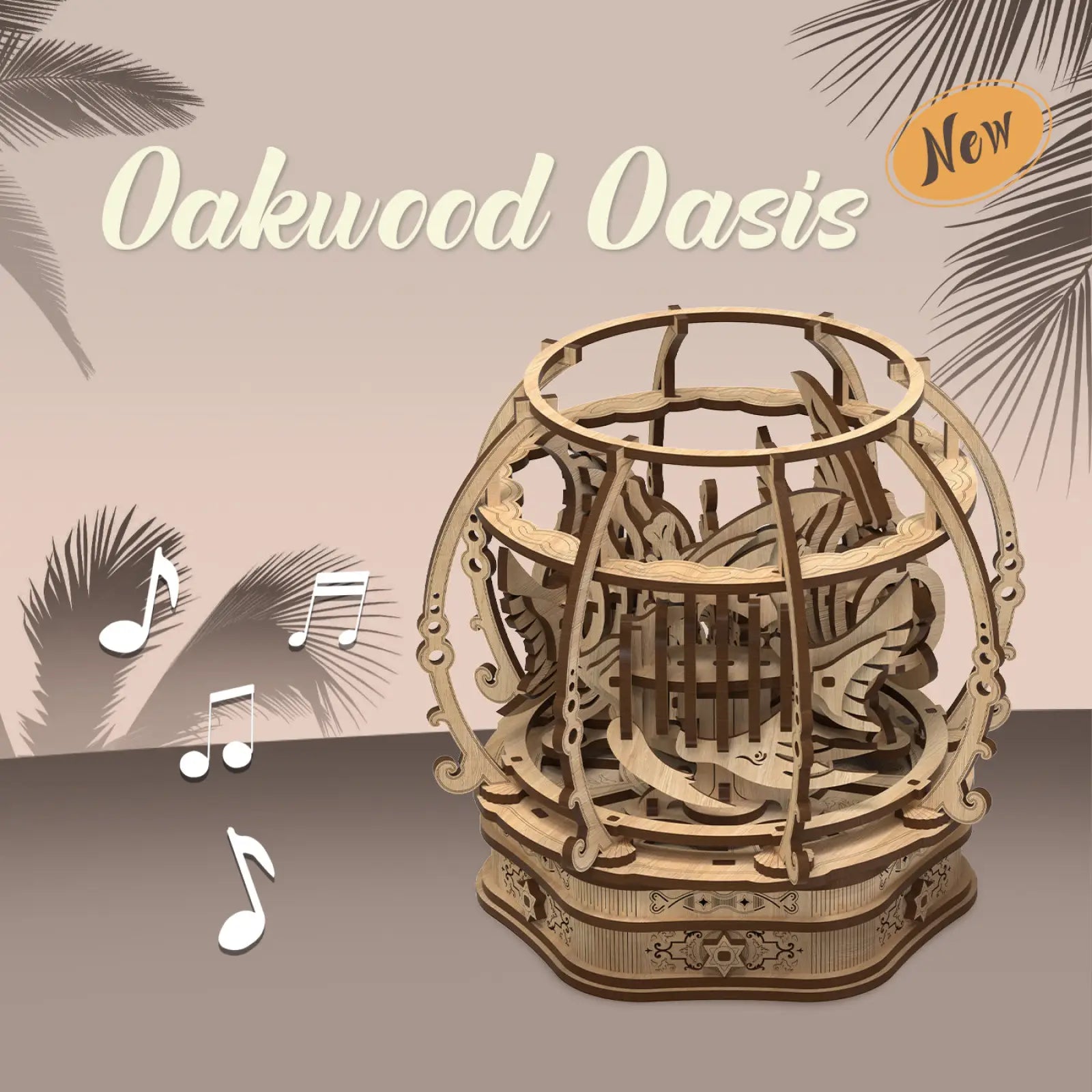 Oakwood oasis wooden music box with intricate carved details and warm natural wood finish for kids puzzle game