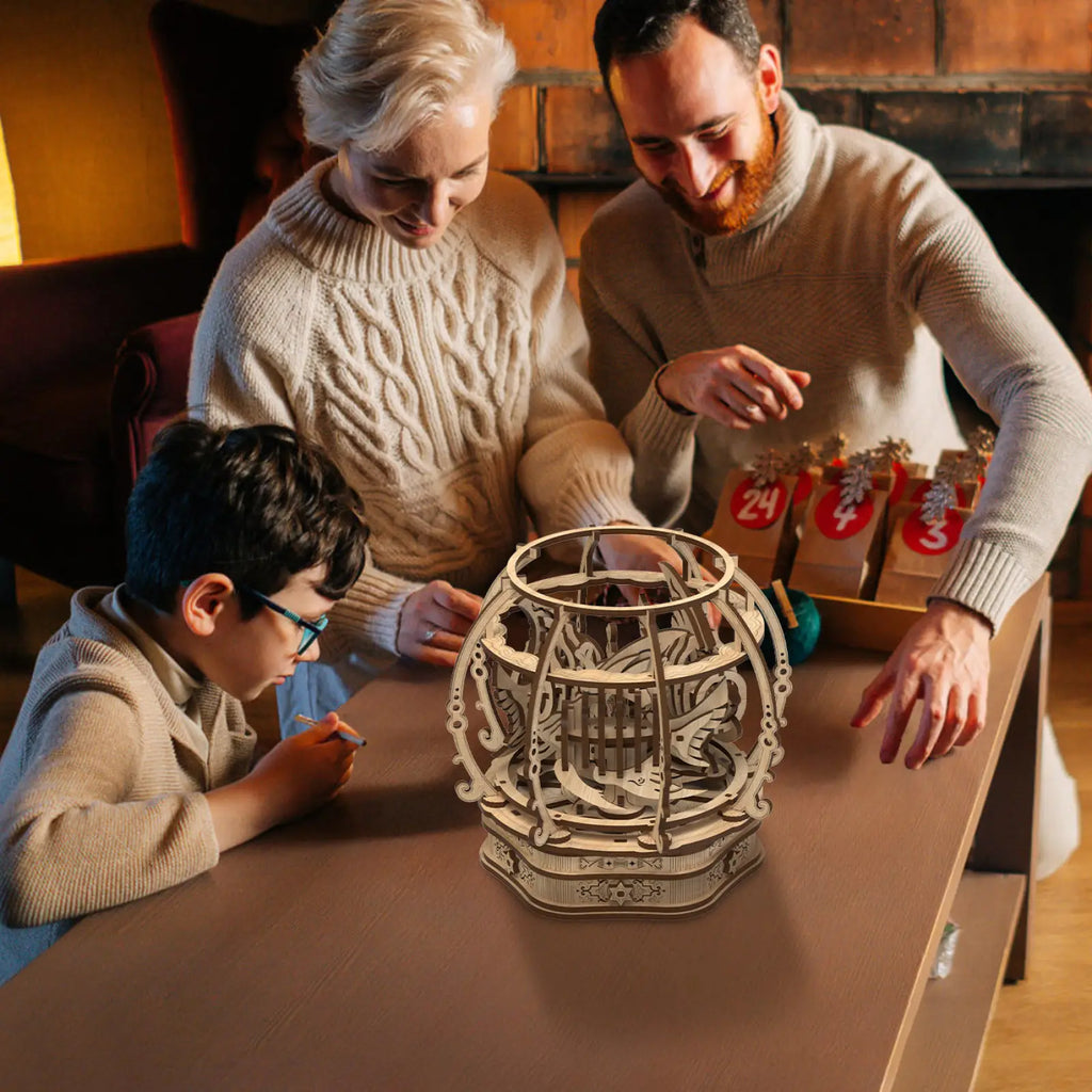 Intricately designed oak wooden 3d puzzle toy with ornate interlocking gears and decorative patterns for kids game
