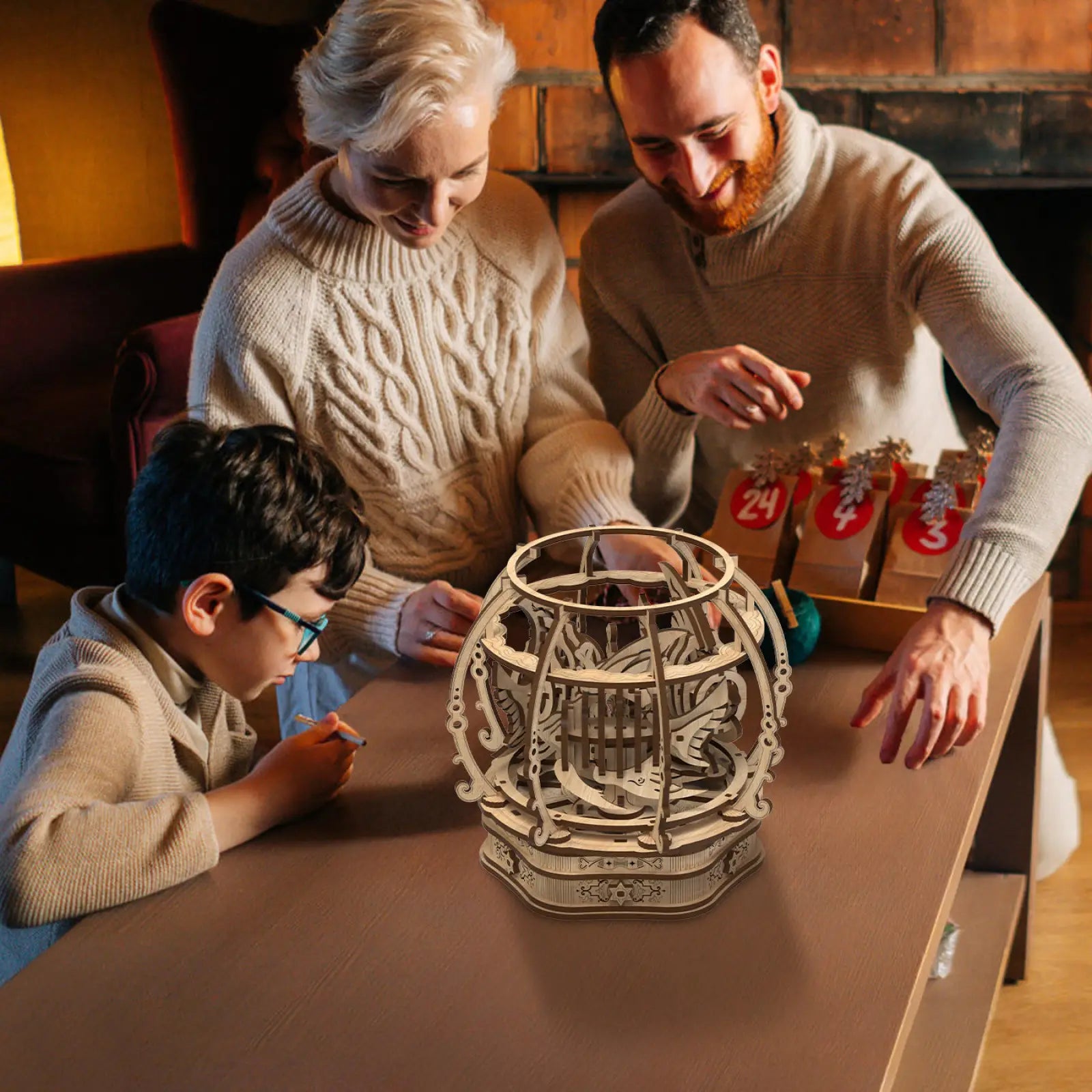 Intricately designed oak wooden 3d puzzle toy with ornate interlocking gears and decorative patterns for kids game