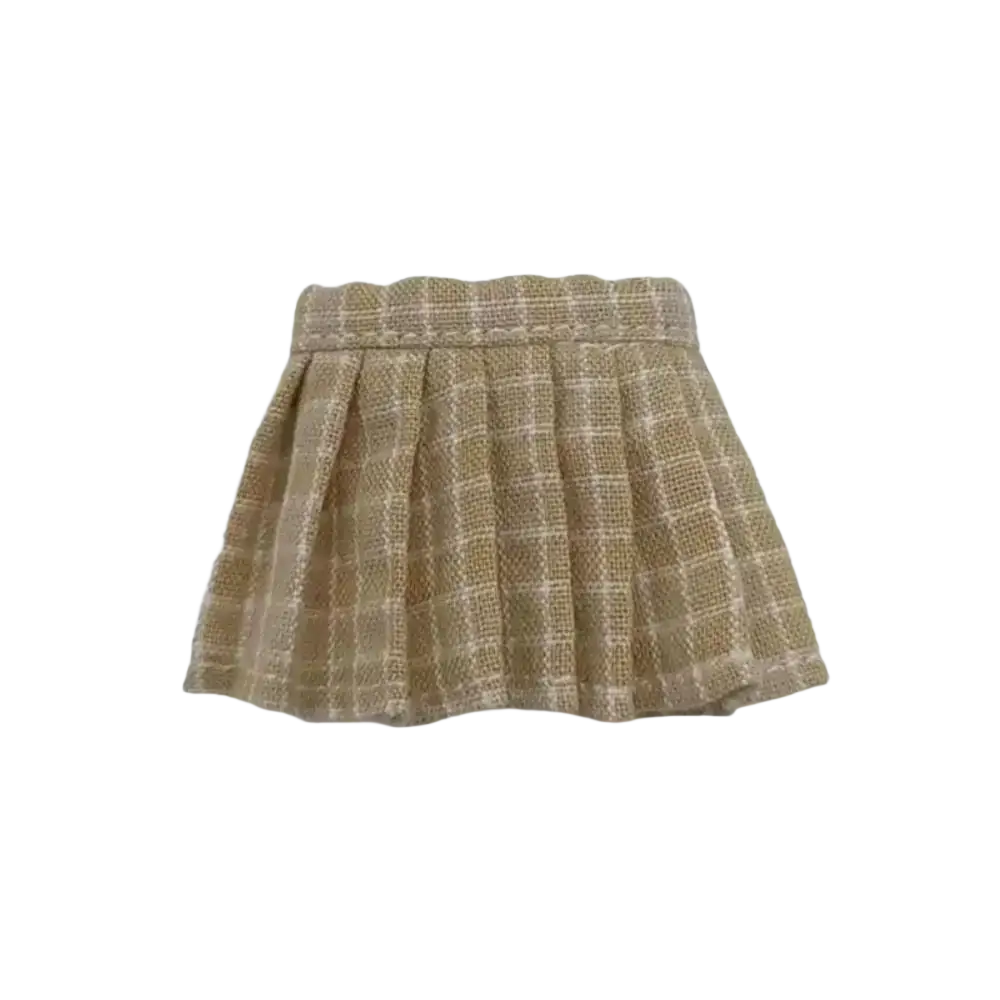 Ob11 doll pleated mini skirt in beige and cream plaid tweed with a gathered waistband for school outfit use
