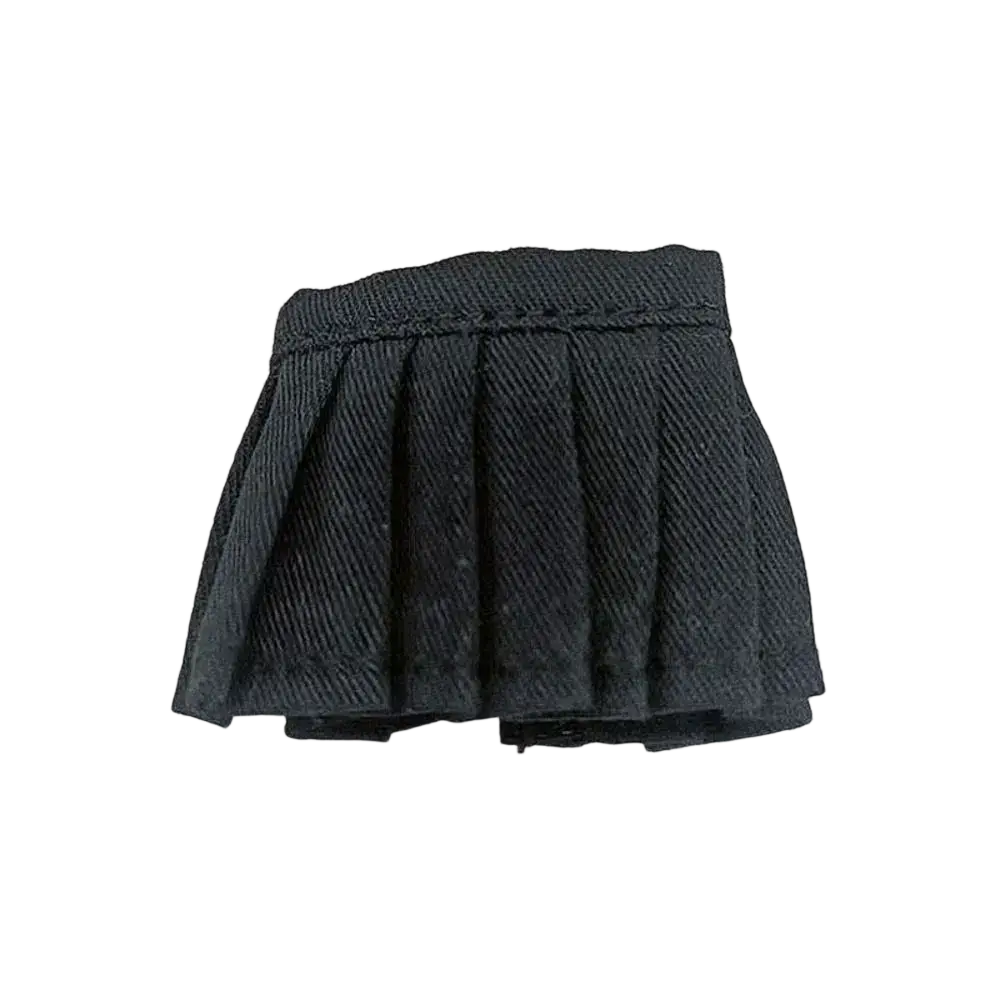 Black pleated mini skirt for Ob11 doll made of textured fabric with a fitted waistband for a school outfit