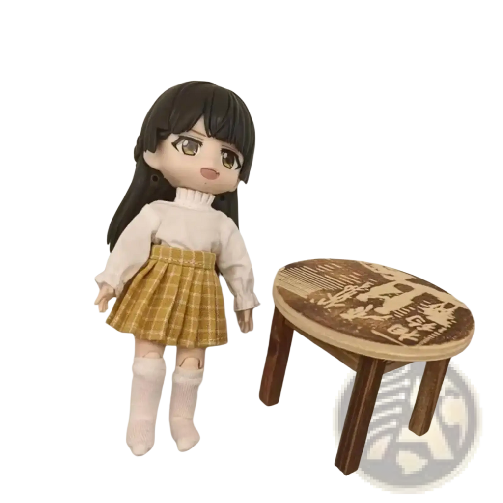 A chibi ob11 doll wearing a white turtleneck and yellow plaid pleated skirt mini school outfit with knee-high socks
