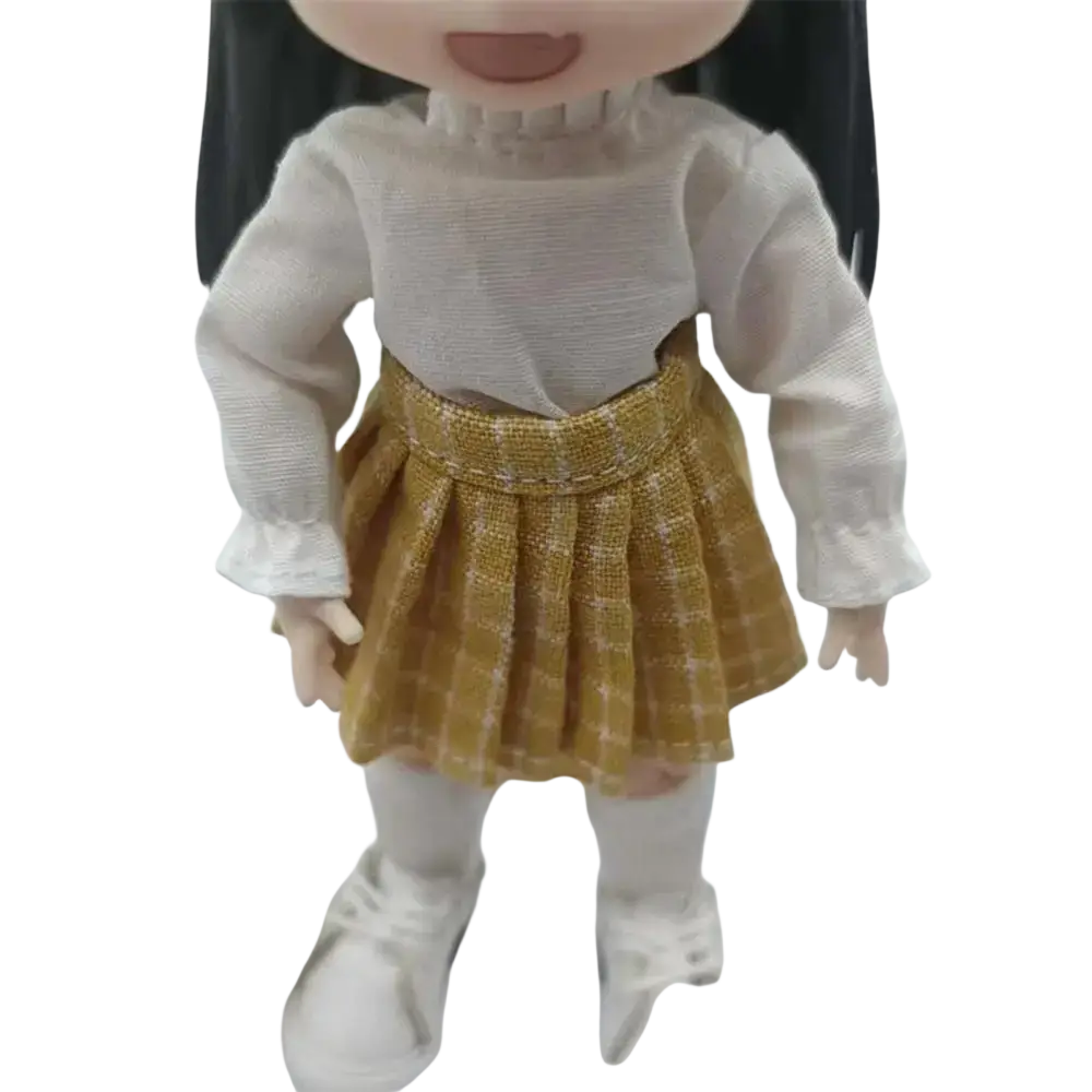 Ob11 doll pleated skirt mini school outfit in gold plaid woven fabric with high waisted design and textured details