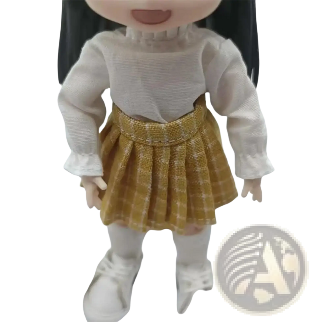 Ob11 doll pleated skirt mini school outfit in gold plaid woven fabric with high waisted design and textured details