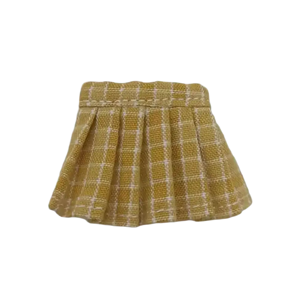 Ob11 doll pleated mini skirt in mustard-yellow tweed with white grid pattern for school outfit use