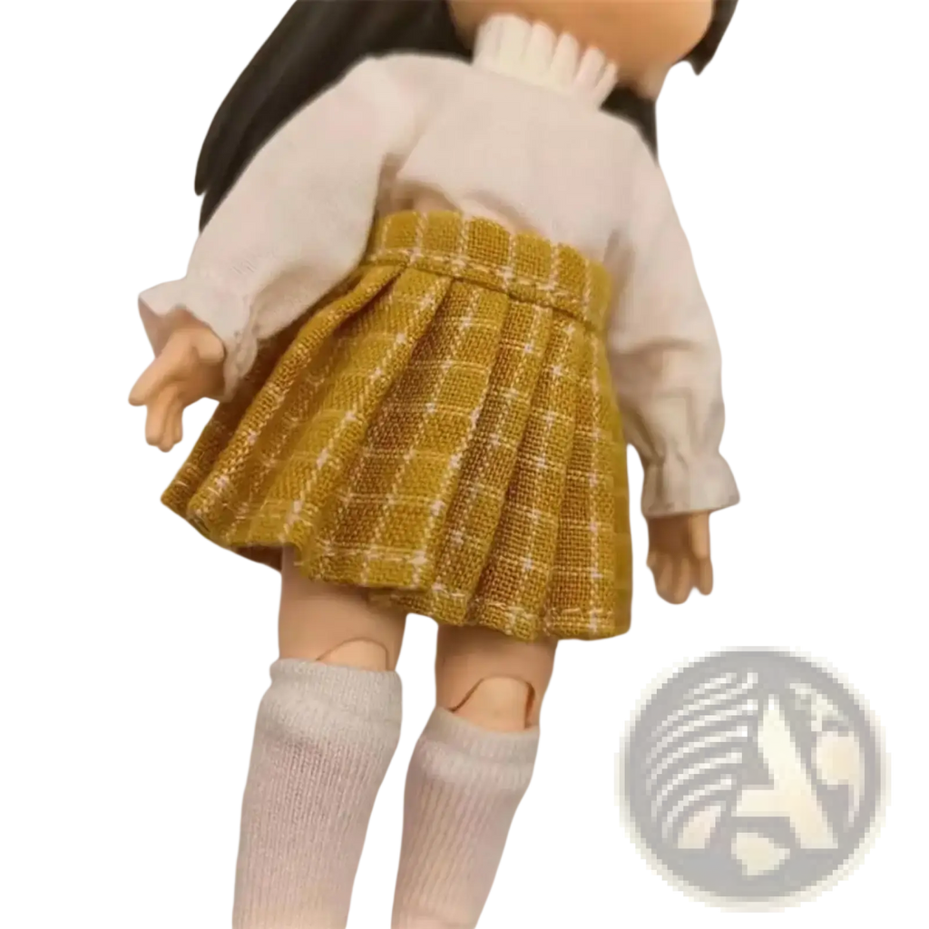 Ob11 doll pleated skirt mini school outfit in mustard yellow with white checkered pattern made of textured fabric