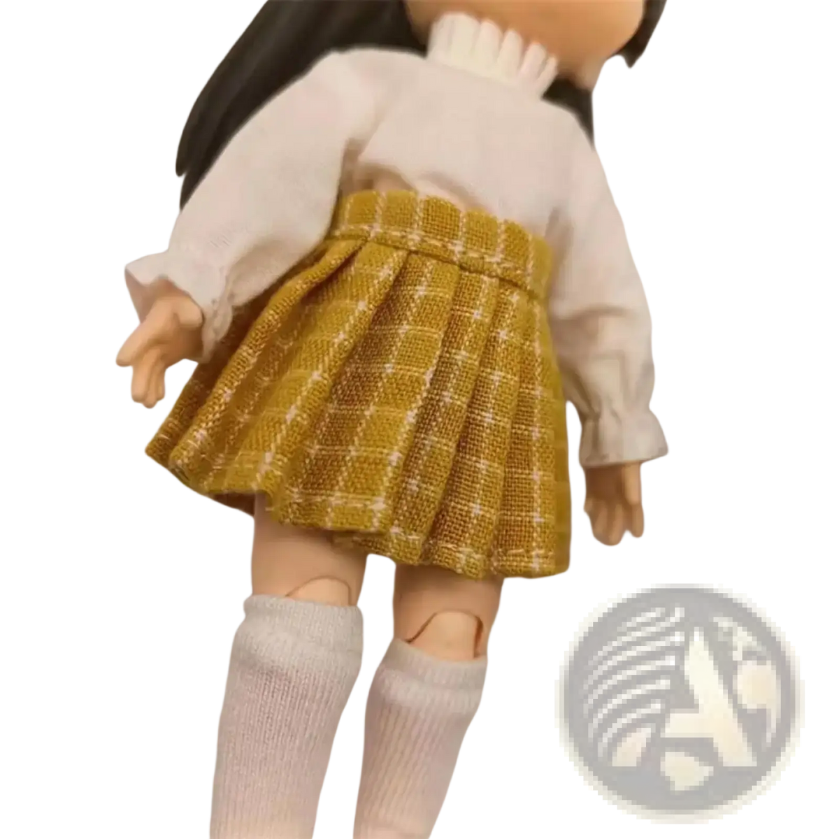 Ob11 doll pleated skirt mini school outfit in mustard yellow with white checkered pattern made of textured fabric