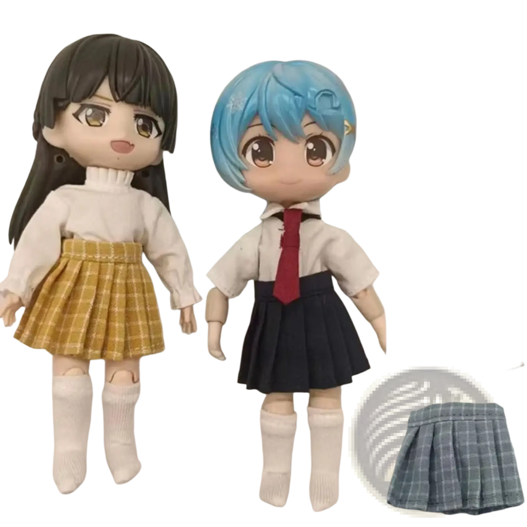Ob11 doll pleated mini plaid skirts in yellow navy blue beige and gray for 1/11 ob11 school outfits
