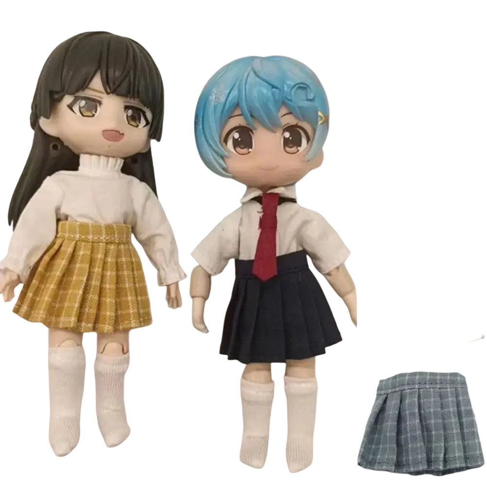 Ob11 doll pleated mini plaid skirts in yellow navy blue beige and gray for 1/11 ob11 school outfits