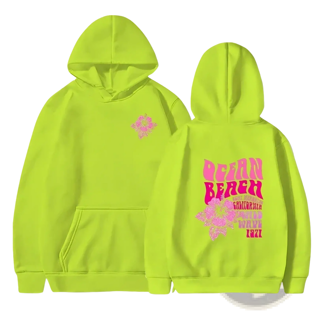 Bright neon green pullover hoodie with pink graphic print and front pocket ocean beach floral sweatshirt