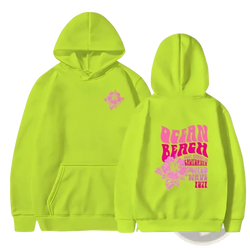 Bright neon green pullover hoodie with pink graphic print and front pocket ocean beach floral sweatshirt