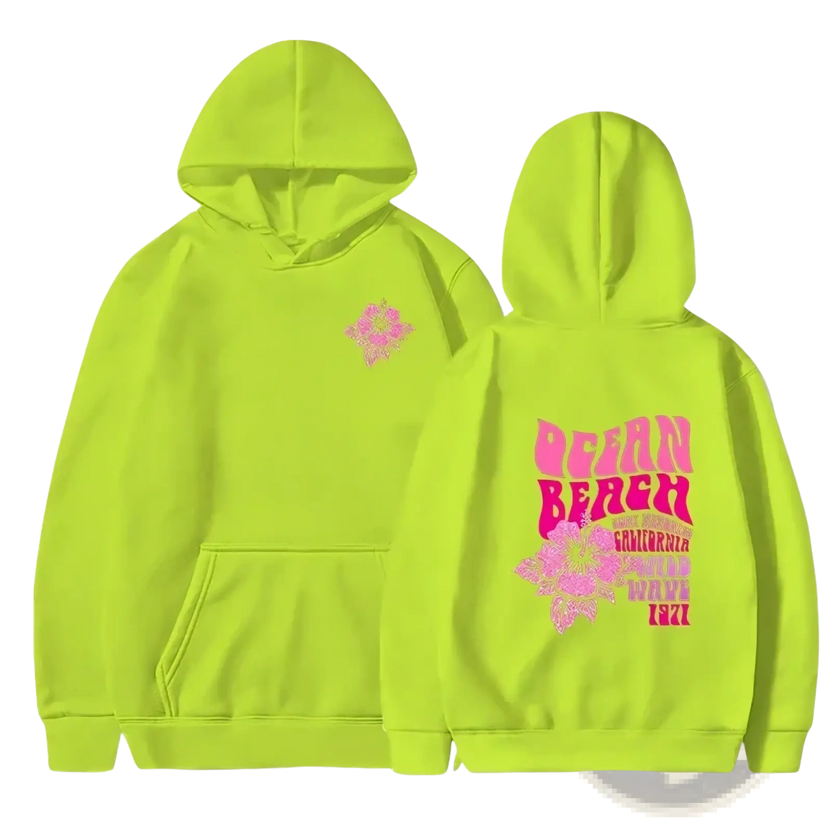 Bright neon green pullover hoodie with pink graphic print and front pocket ocean beach floral sweatshirt