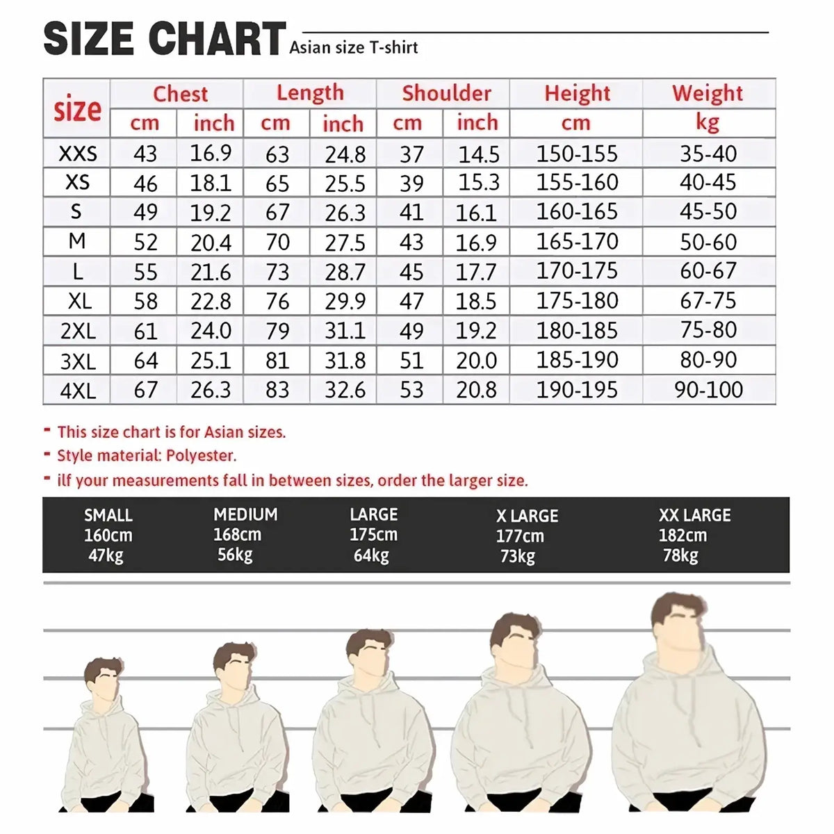 Asian size chart for ocean beach floral pullover hoodie pink sweatshirt showing chest length shoulder height and weight in cm and inch