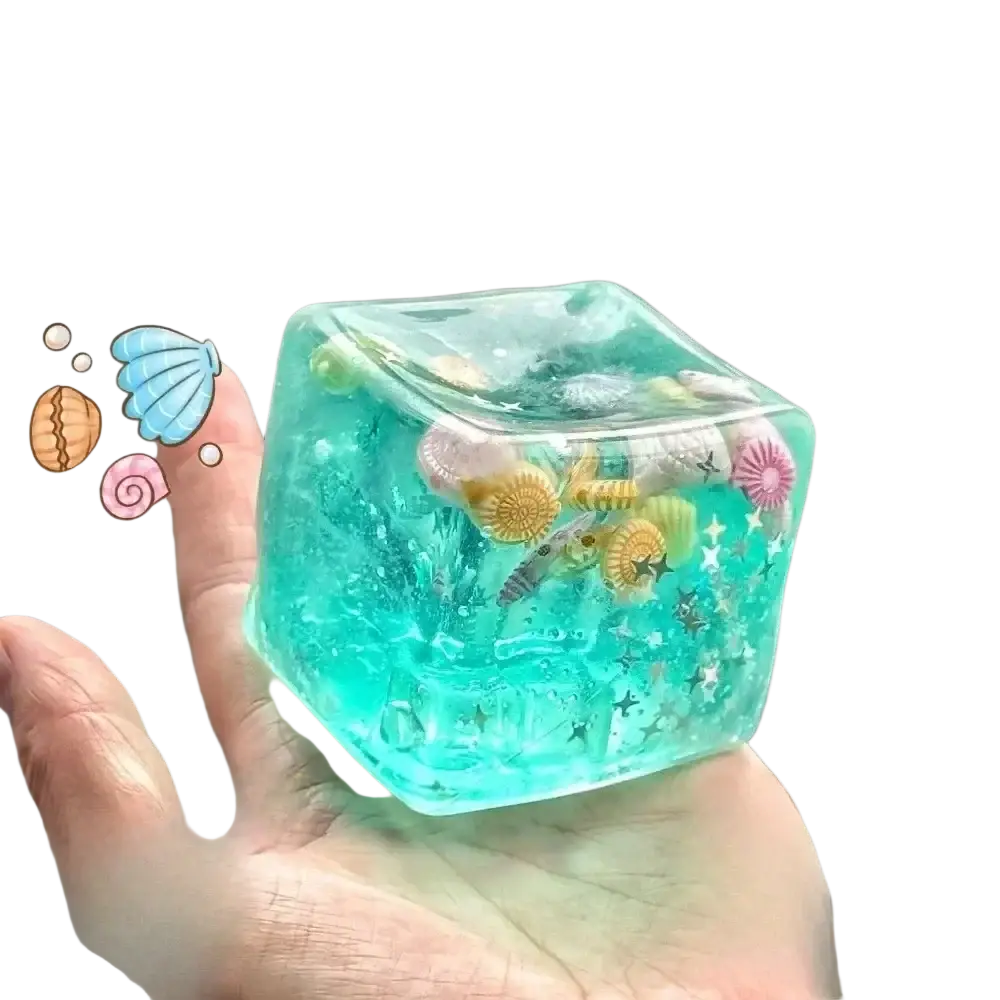 A translucent turquoise fidget toy cube filled with miniature seashells starfish and glittery stars for stress relief
