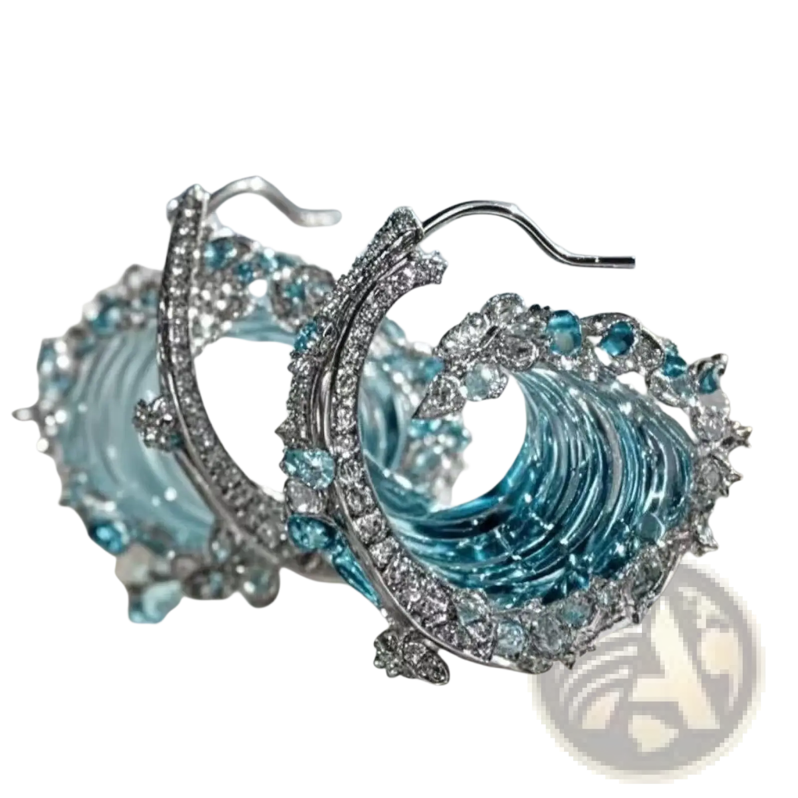 Elegant ocean-themed hoop earrings with silver-toned metalwork and blue and clear gemstones mimicking flowing waves